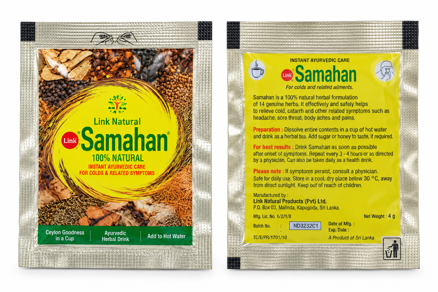 Front and back of Samahan herbal powder sachets